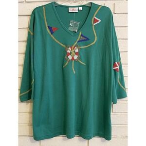 NEW Quacker Factory Top 1X Green‎ Beaded Nautical Boating Sailing Blouse Shirt